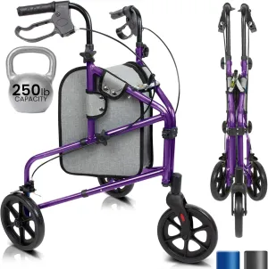 Vive Mobility 3 Wheel Walker - Three Wheeled Rollator for Seniors - Lightweight, Foldable, Narrow, Heavy Duty - for Elderly Men Women - Folding 3-Wheel Tri Scooter with Basket Bag (FSA HSA Approved)