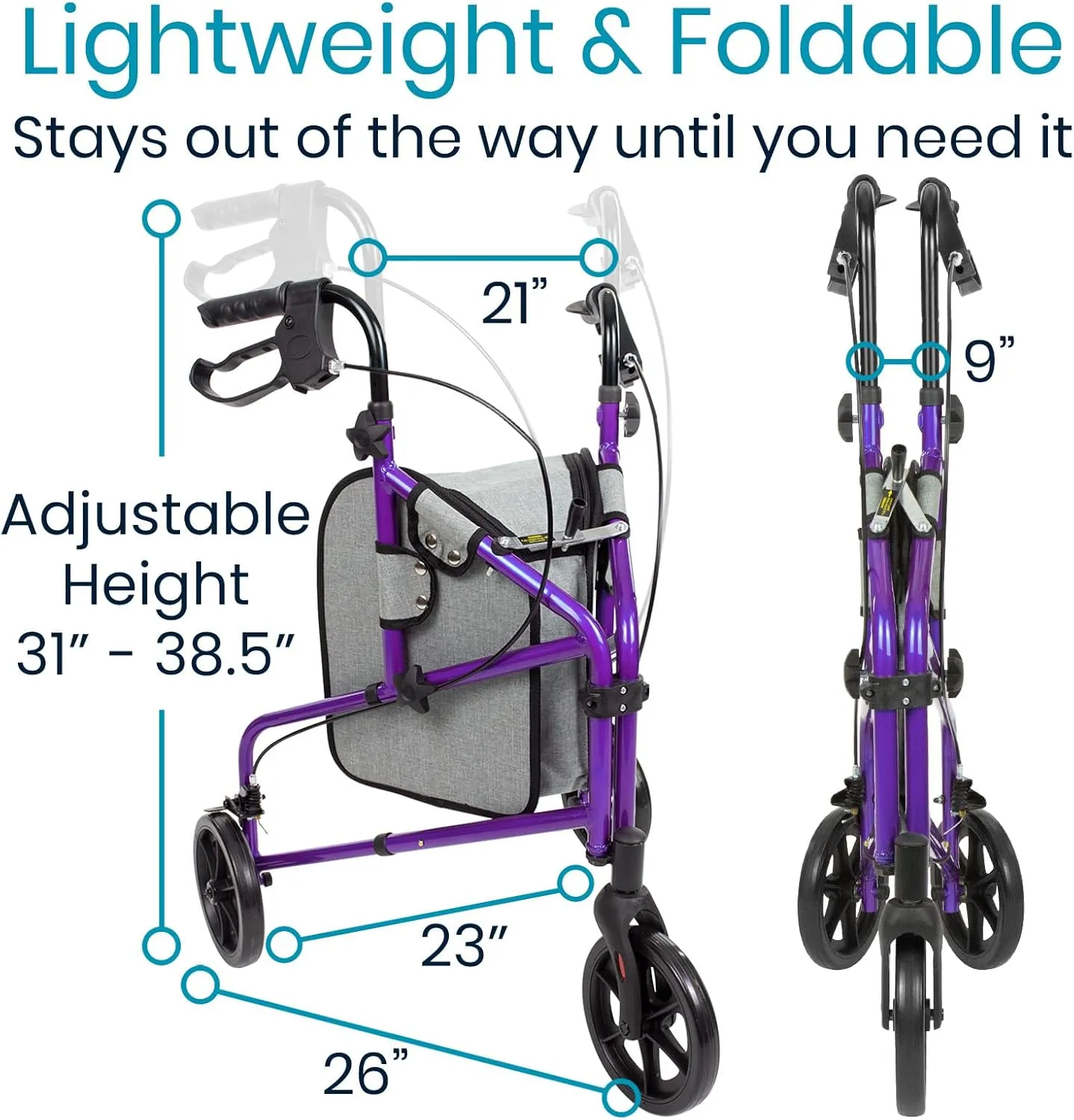 Vive Mobility 3 Wheel Walker - Three Wheeled Rollator for Seniors - Lightweight, Foldable, Narrow, Heavy Duty - for Elderly Men Women - Folding 3-Wheel Tri Scooter with Basket Bag (FSA HSA Approved)