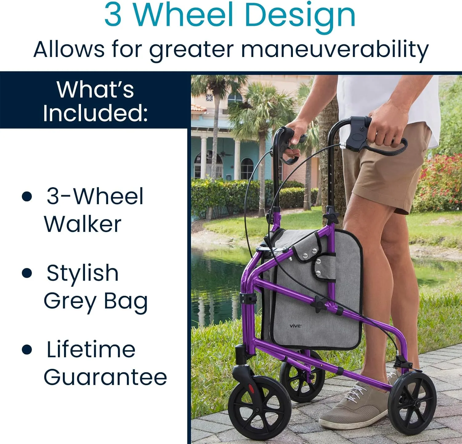 Vive Mobility 3 Wheel Walker - Three Wheeled Rollator for Seniors - Lightweight, Foldable, Narrow, Heavy Duty - for Elderly Men Women - Folding 3-Wheel Tri Scooter with Basket Bag (FSA HSA Approved)
