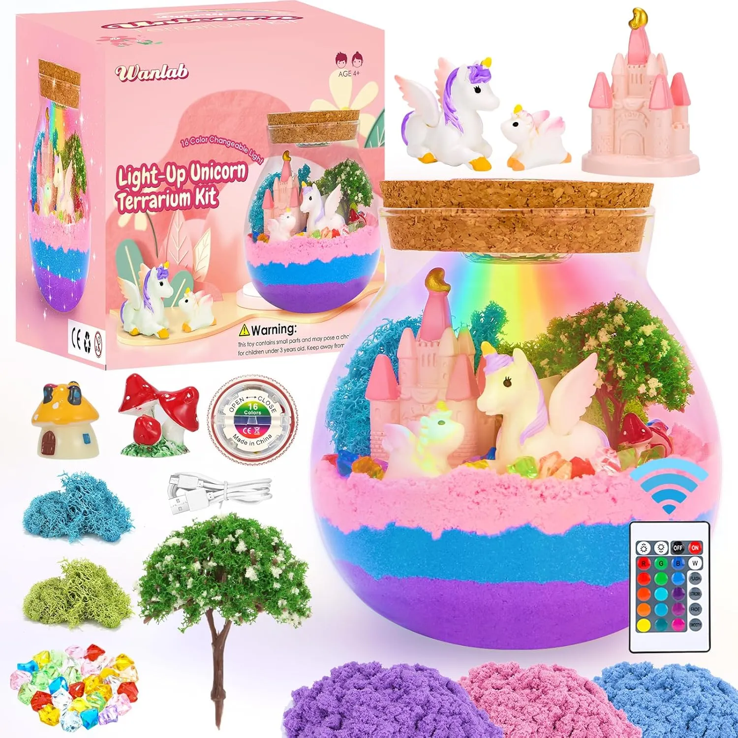 Wanlab Unicorn Light-Up Terrarium Kit for Kids-Rechargeable LED Night Light for Girls-DIY Arts and Crafts Kit-Unicorn Toys for Girls Over 3 Years Old, Ideal Birthday Presents