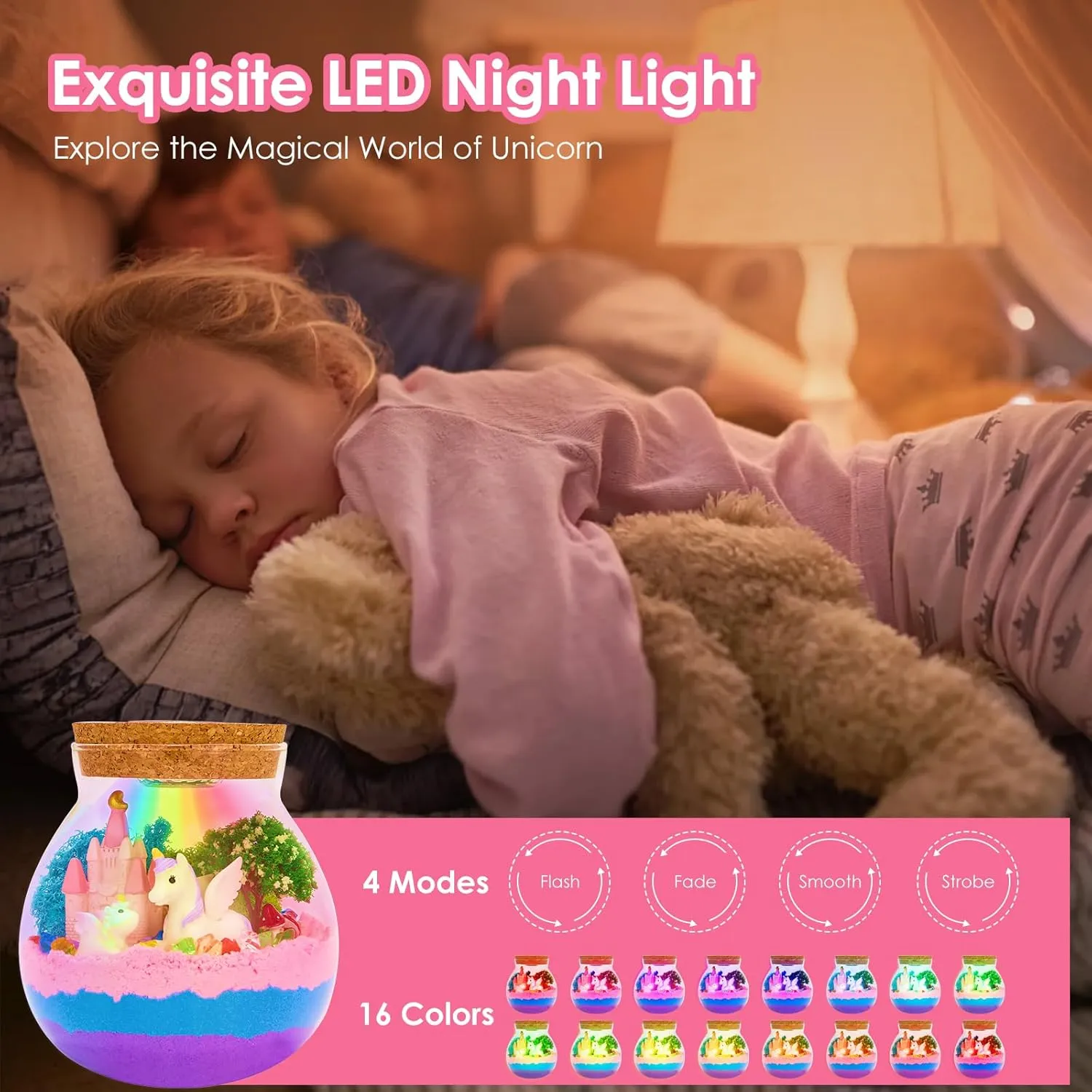 Wanlab Unicorn Light-Up Terrarium Kit for Kids-Rechargeable LED Night Light for Girls-DIY Arts and Crafts Kit-Unicorn Toys for Girls Over 3 Years Old, Ideal Birthday Presents