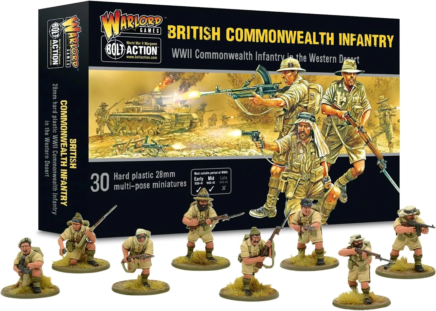 Warlord Bolt Action British Commonwealth Desert Infantry 1:56 Tabletop Miniatures - Plastic Paintable Miniature WWII Soldiers Set, Unpainted Table Top 28mm Military Minifigures for Adults - Gaming