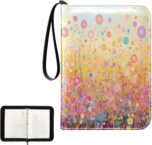 Watercolor Wildflowers Colorful Dots Card Binder 4 Pocket, Trading Card Holder Fits 400 Game Cards with 50 Removable Sleeves, MTG Card Case Standard Size
