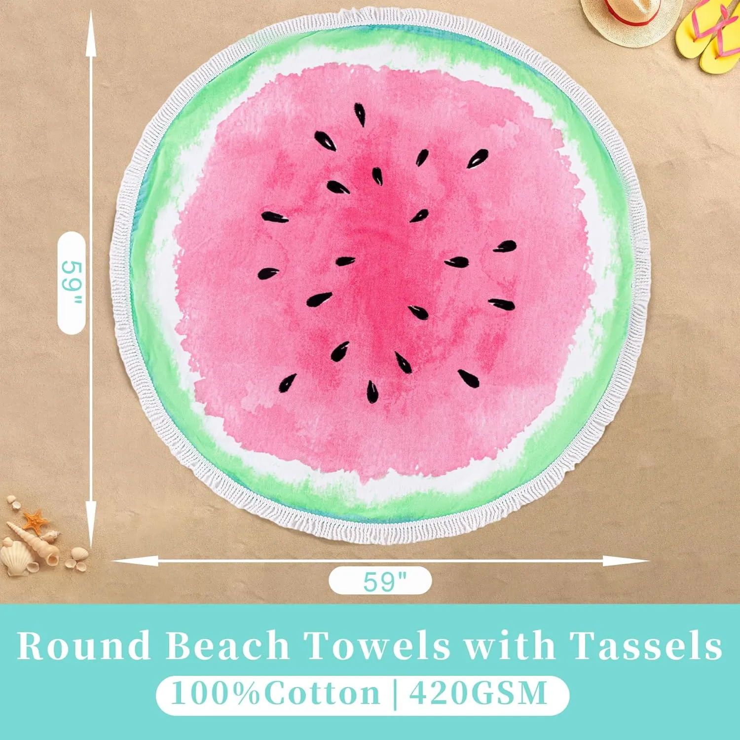 Watermelon Towels with Tassels 59" Round Cotton Beach Towel & Picnic Blanket - 100% Cotton | Oversized | Soft, Extra Large Fringed Mat for Pool, Yoga, Bath, Picnic, Camping, Outdoor Decor, Travel