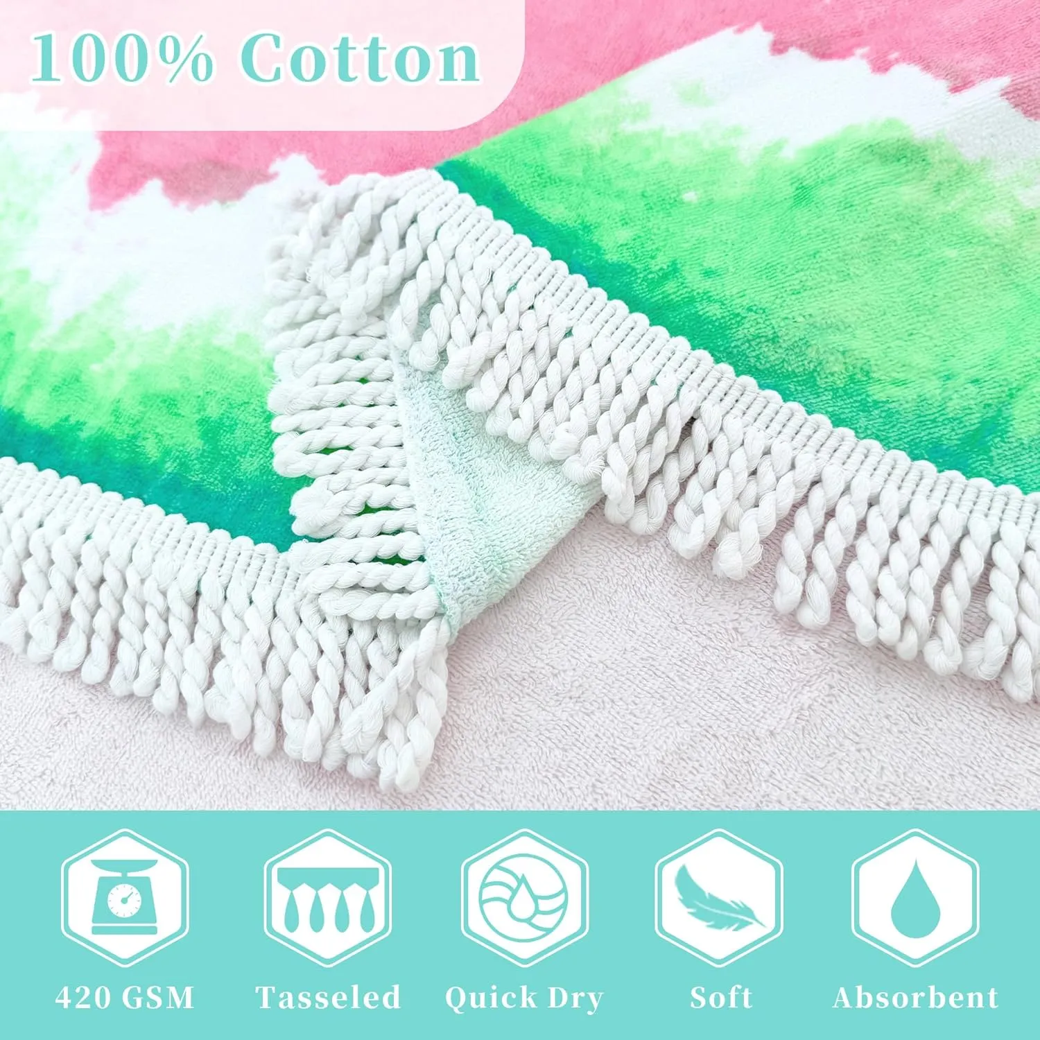 Watermelon Towels with Tassels 59" Round Cotton Beach Towel & Picnic Blanket - 100% Cotton | Oversized | Soft, Extra Large Fringed Mat for Pool, Yoga, Bath, Picnic, Camping, Outdoor Decor, Travel