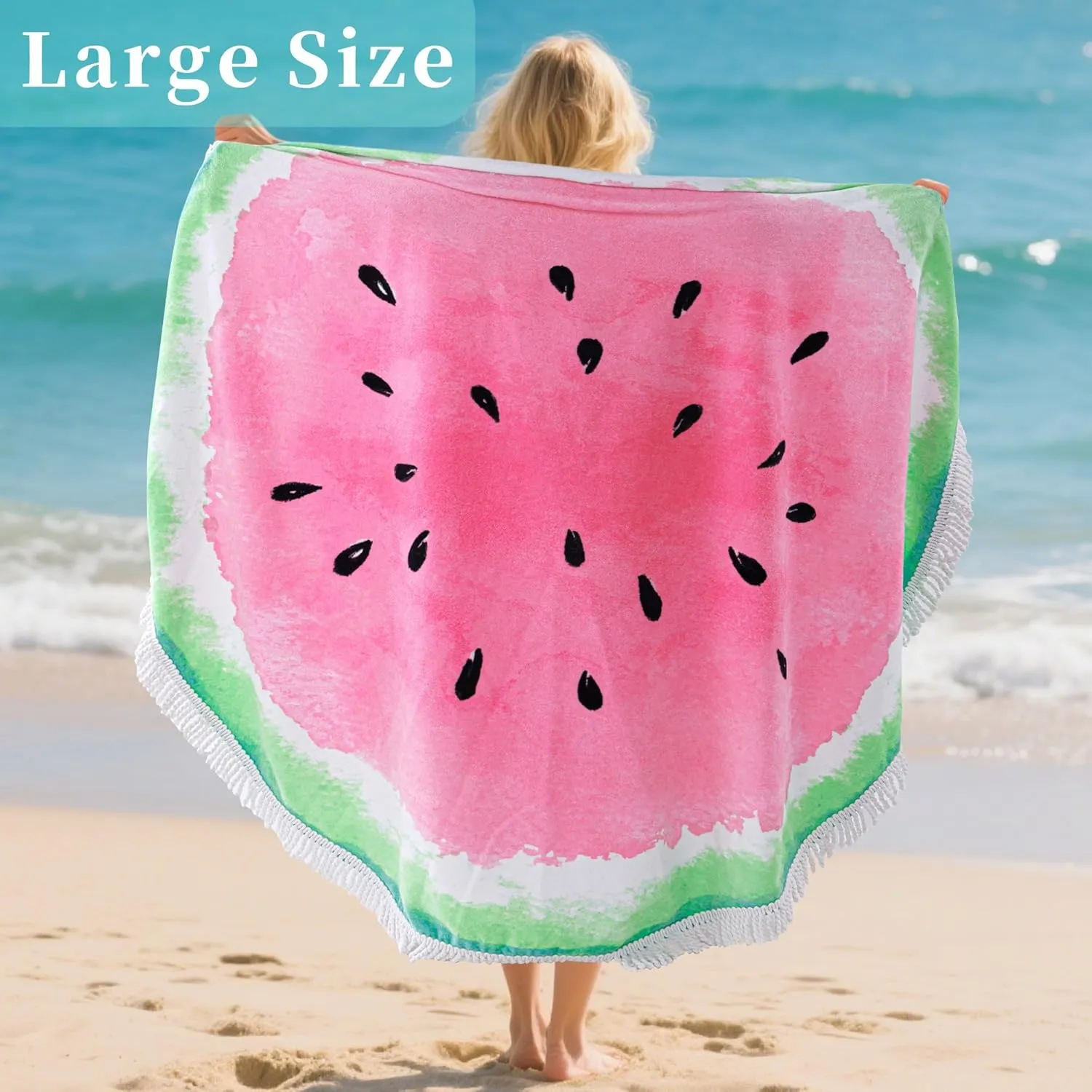 Watermelon Towels with Tassels 59" Round Cotton Beach Towel & Picnic Blanket - 100% Cotton | Oversized | Soft, Extra Large Fringed Mat for Pool, Yoga, Bath, Picnic, Camping, Outdoor Decor, Travel