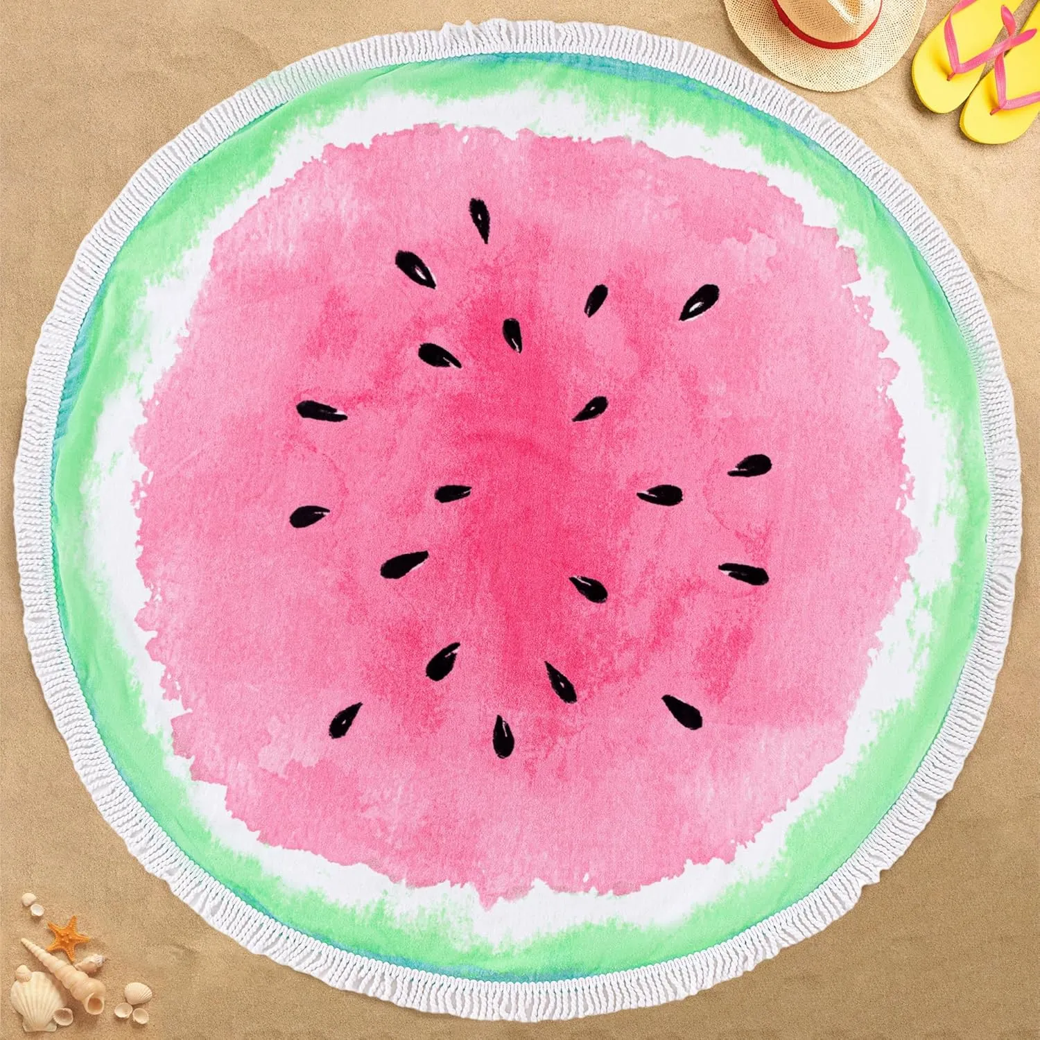Watermelon Towels with Tassels 59" Round Cotton Beach Towel & Picnic Blanket - 100% Cotton | Oversized | Soft, Extra Large Fringed Mat for Pool, Yoga, Bath, Picnic, Camping, Outdoor Decor, Travel