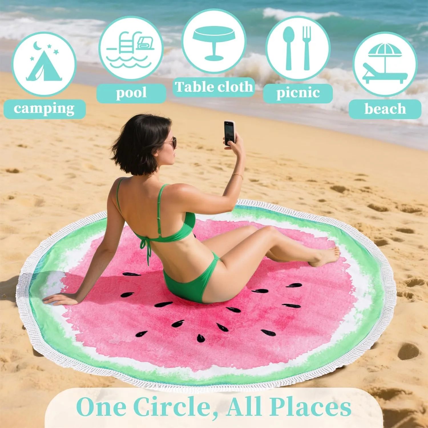 Watermelon Towels with Tassels 59" Round Cotton Beach Towel & Picnic Blanket - 100% Cotton | Oversized | Soft, Extra Large Fringed Mat for Pool, Yoga, Bath, Picnic, Camping, Outdoor Decor, Travel