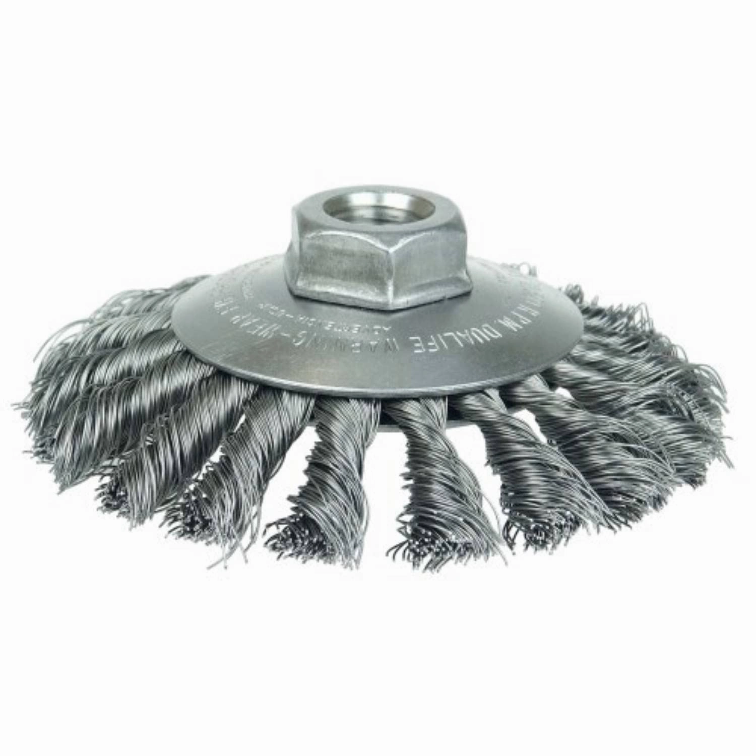 Weiler 13476 Dualife 5/8"-11 Arbor, 0.020" Wire Size, 4-1/2" Diameter, 3/8" Face Width, Steel Bristles, Knot Wire Bevel Brush, Made in the USA