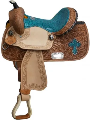 Western Saddle Barrel DD Leather Horse Rope Ranch Racing Trail Full Handed Tooled Dark Brown and Teal Suede Seat by PROHUB