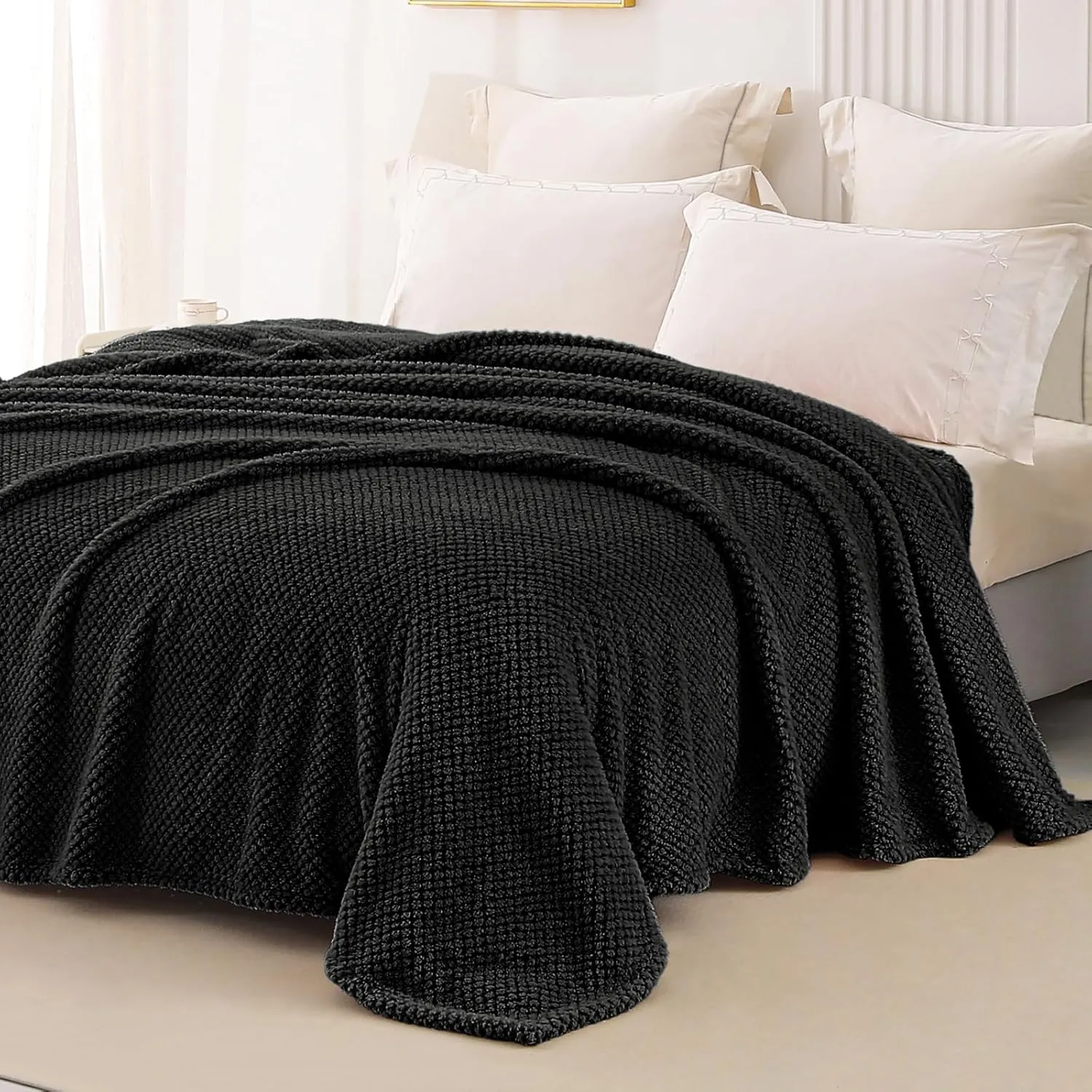 Whale Flotilla Queen Size Fuzzy Fleece Blanket for Bed, 90x90 Inch Fluffy Warm Soft Jacquard Blankets for All Season, Lightweight and Cozy, Black