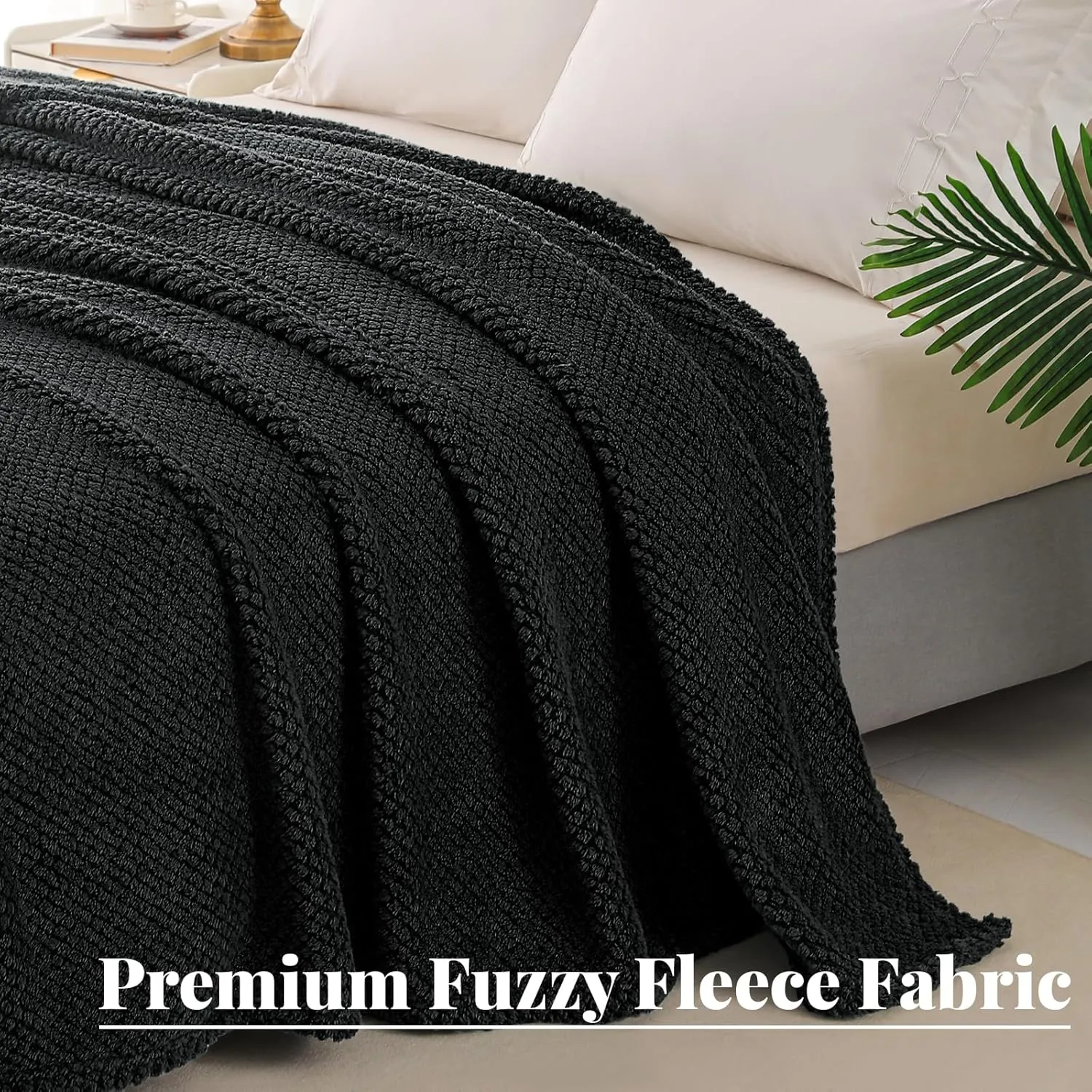 Whale Flotilla Queen Size Fuzzy Fleece Blanket for Bed, 90x90 Inch Fluffy Warm Soft Jacquard Blankets for All Season, Lightweight and Cozy, Black