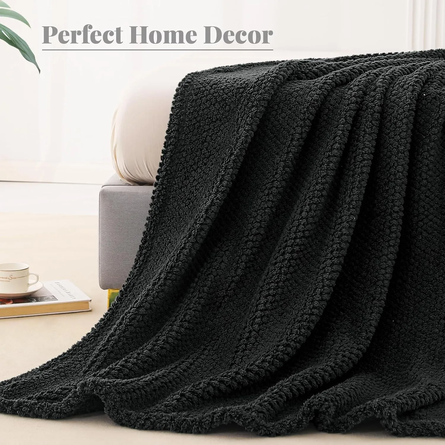 Whale Flotilla Queen Size Fuzzy Fleece Blanket for Bed, 90x90 Inch Fluffy Warm Soft Jacquard Blankets for All Season, Lightweight and Cozy, Black