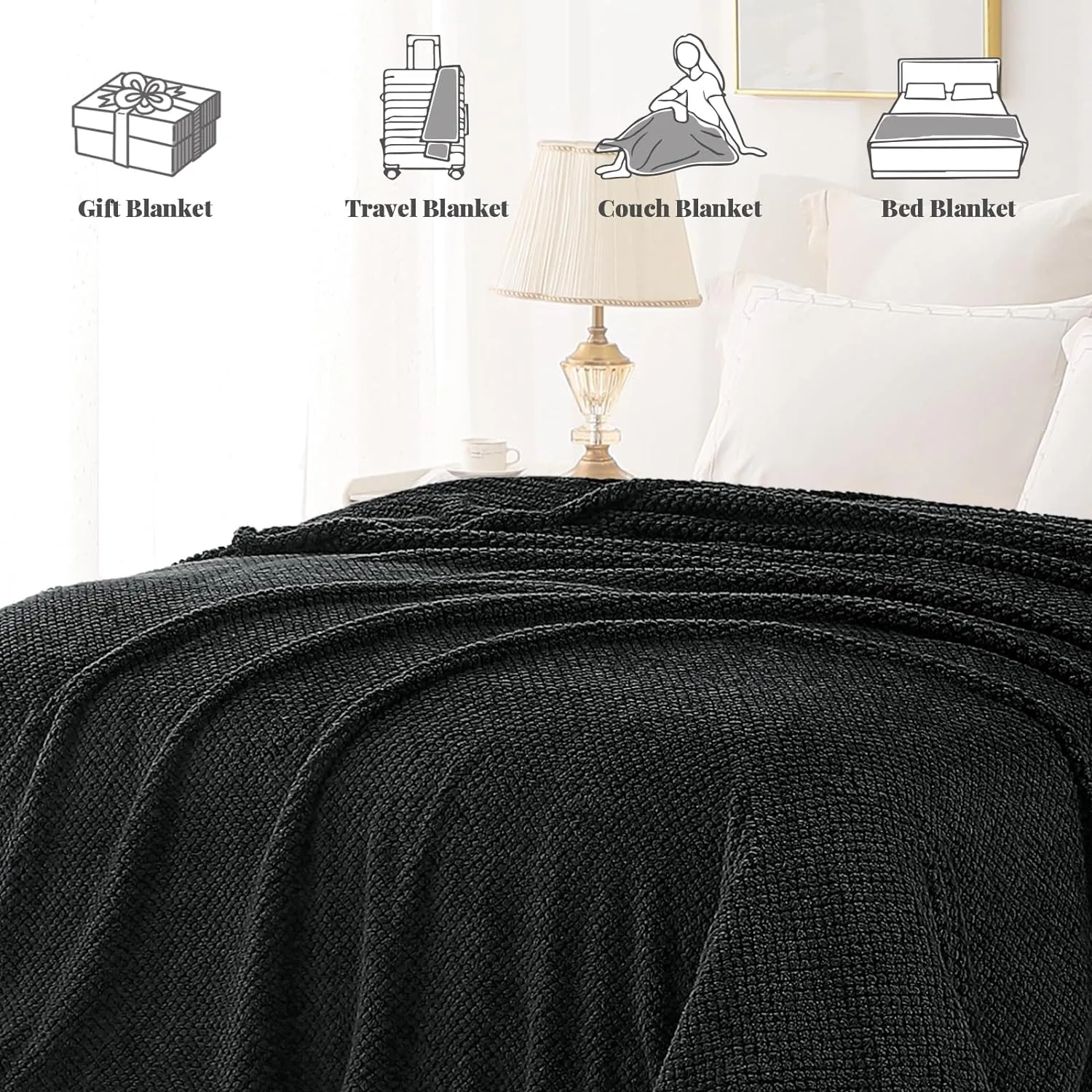 Whale Flotilla Queen Size Fuzzy Fleece Blanket for Bed, 90x90 Inch Fluffy Warm Soft Jacquard Blankets for All Season, Lightweight and Cozy, Black