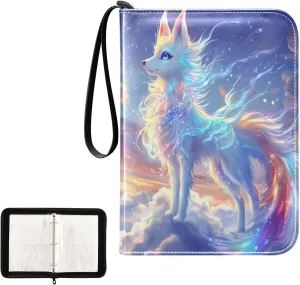 White Glowing Colorful Fox Card Binder 4 Pocket, Trading Card Holder Fits 400 Game Cards with 50 Removable Sleeves, MTG Card Case Standard Size