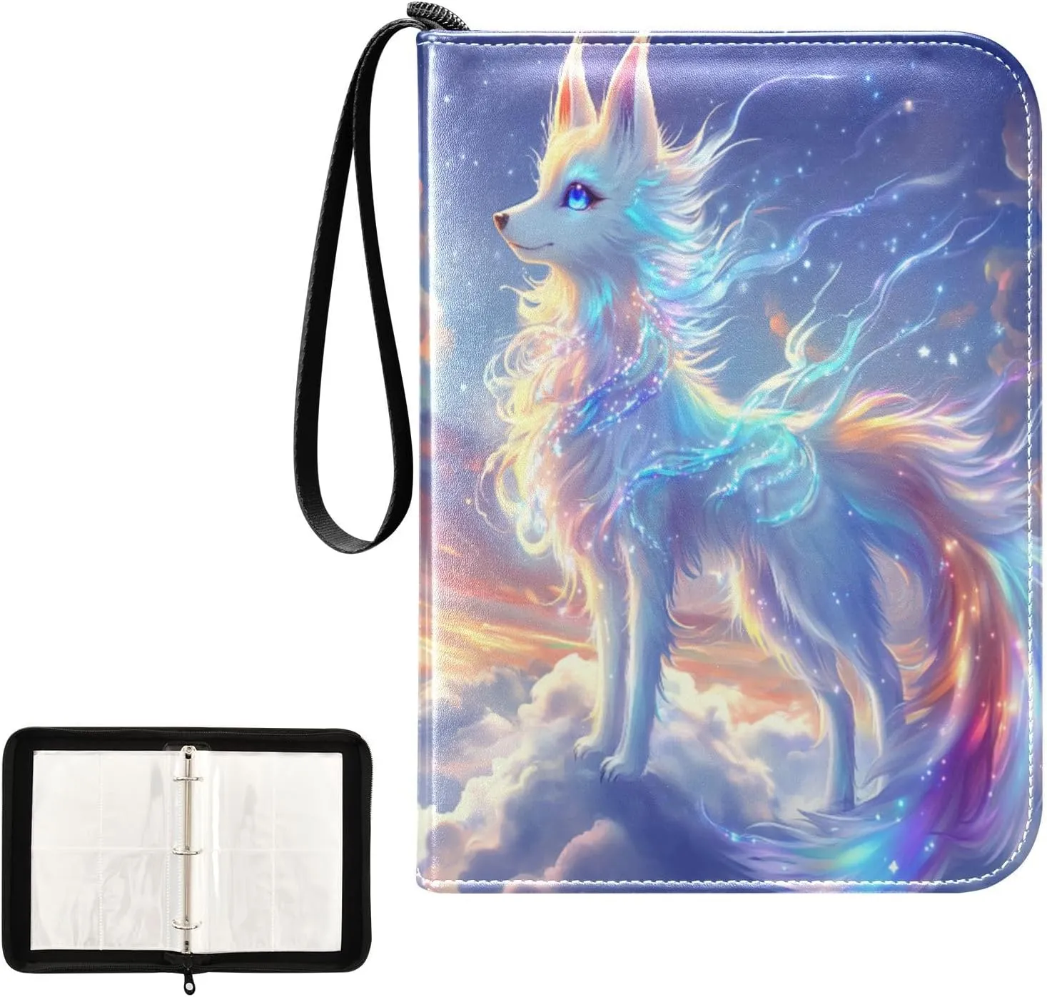 White Glowing Colorful Fox Card Binder 4 Pocket, Trading Card Holder Fits 400 Game Cards with 50 Removable Sleeves, MTG Card Case Standard Size