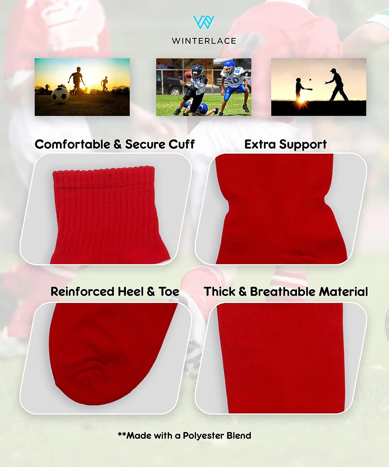 Winterlace Kids Youth Soccer Socks, 12 Pairs Boys Girls Knee High Team Football Athletic Sports