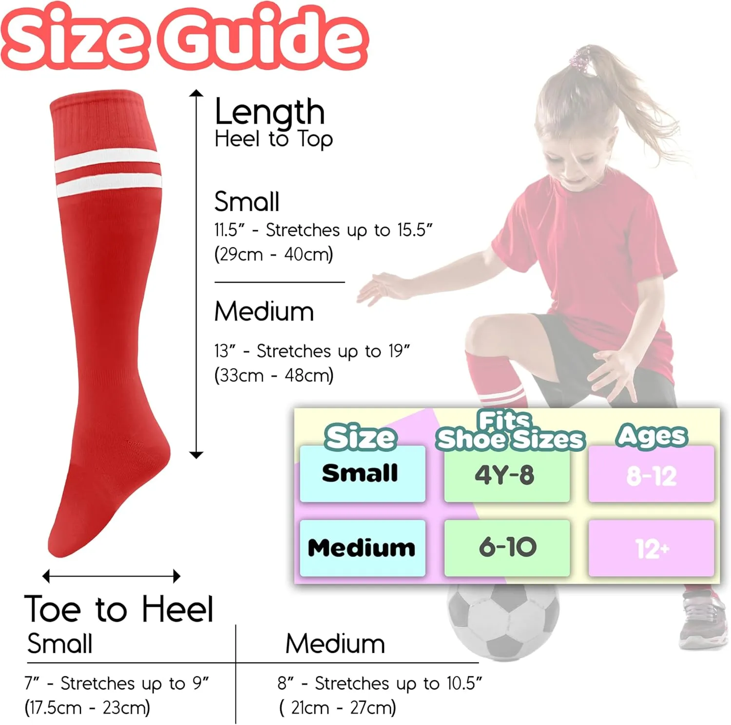Winterlace Kids Youth Soccer Socks, 12 Pairs Boys Girls Knee High Team Football Athletic Sports