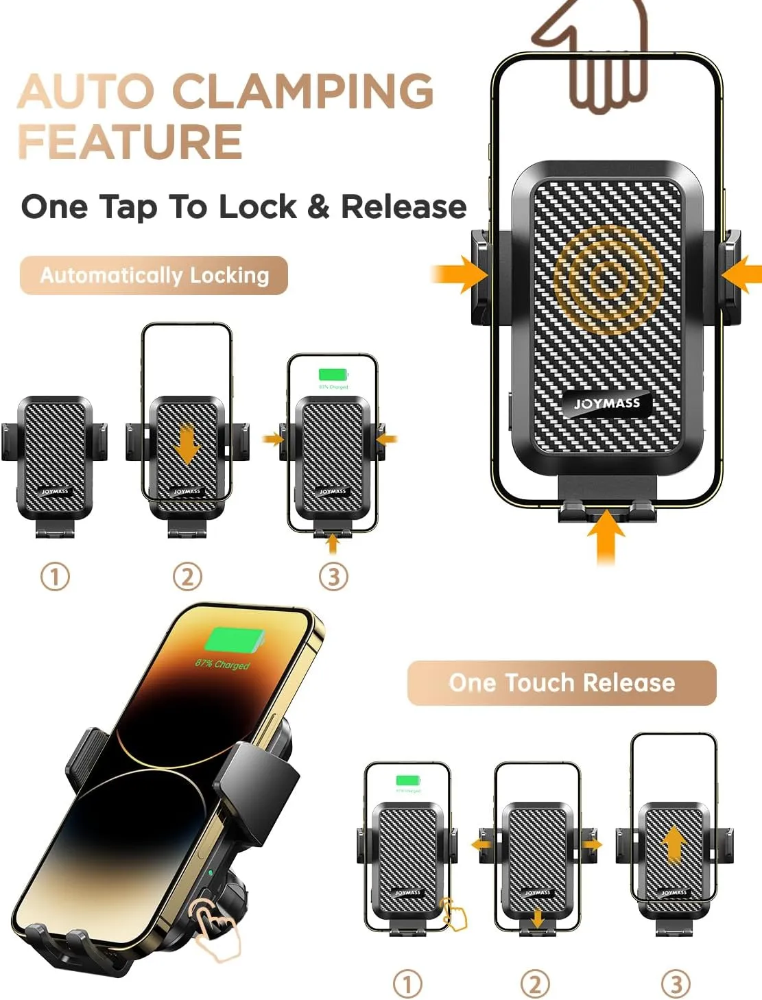 Wireless Car Charger, Phone Holders for Your Car, 15W Auto Clamping Phone Mount Car Accessories for iPhone 16 15 14 13 12 Mini Pro Max 11 XR XS, Samsung Galaxy S24 Ultra S23 S22  Note 20, etc