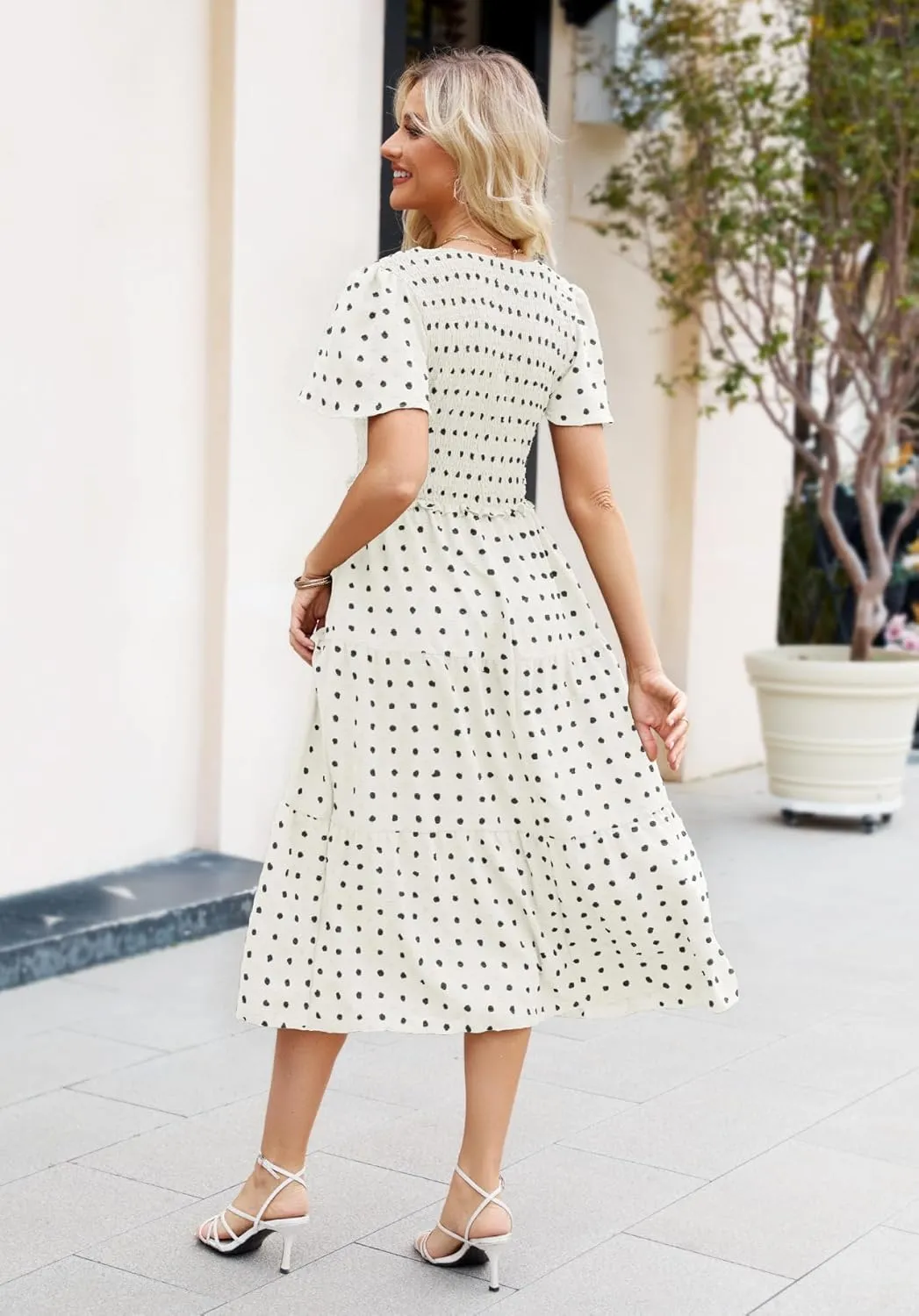 Women Summer 2024 Smocked Midi Dress, Ruffle Short Sleeve V-Neck Flowy A-Line Tiered Swiss Dot Dresses with Pocket