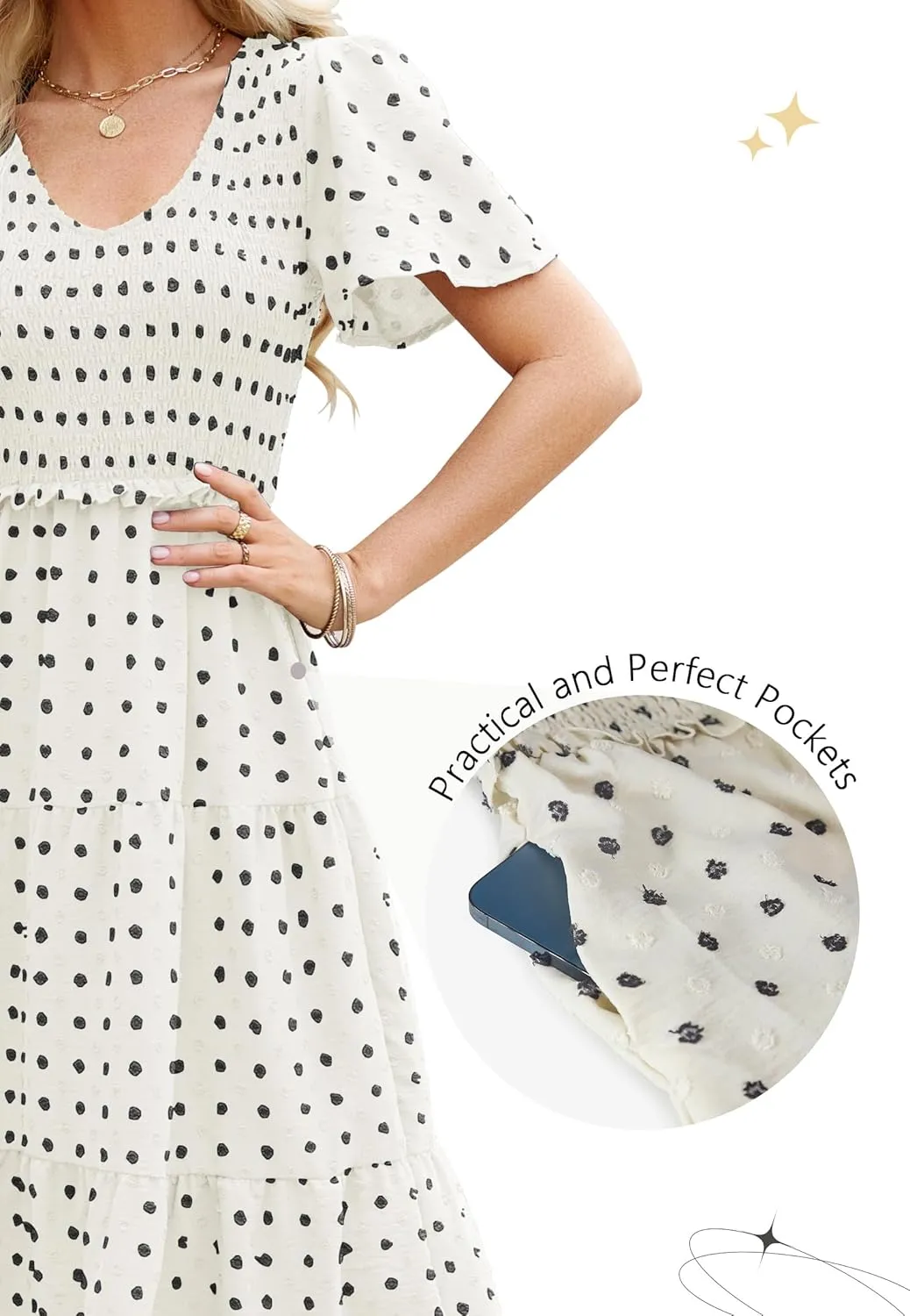 Women Summer 2024 Smocked Midi Dress, Ruffle Short Sleeve V-Neck Flowy A-Line Tiered Swiss Dot Dresses with Pocket