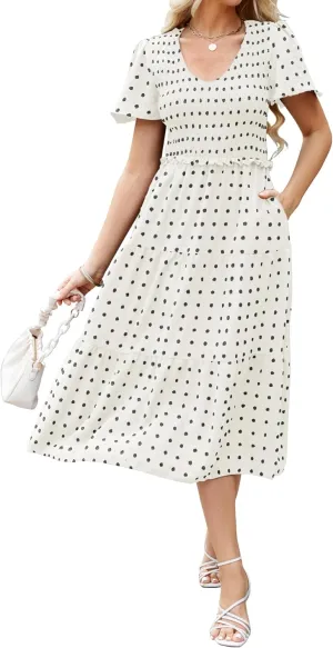 Women Summer 2024 Smocked Midi Dress, Ruffle Short Sleeve V-Neck Flowy A-Line Tiered Swiss Dot Dresses with Pocket
