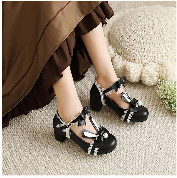 Women Lolita Bunny Bow Mary Jane Pumps Shoes Low Block Heels with Lace