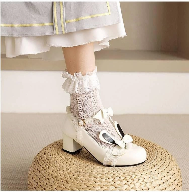 Women Lolita Bunny Bow Mary Jane Pumps Shoes Low Block Heels with Lace