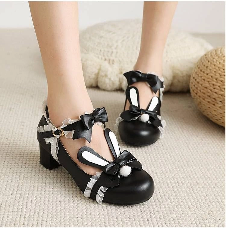 Women Lolita Bunny Bow Mary Jane Pumps Shoes Low Block Heels with Lace