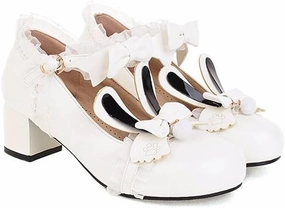 Women Lolita Bunny Bow Mary Jane Pumps Shoes Low Block Heels with Lace