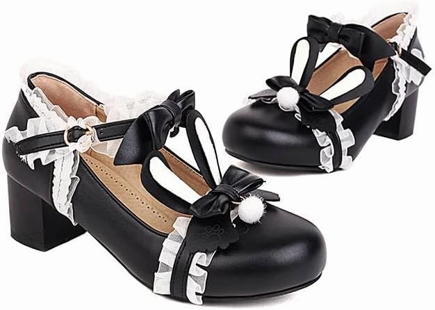 Women Lolita Bunny Bow Mary Jane Pumps Shoes Low Block Heels with Lace