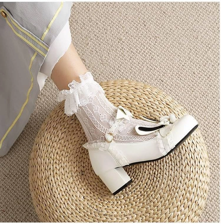 Women Lolita Bunny Bow Mary Jane Pumps Shoes Low Block Heels with Lace