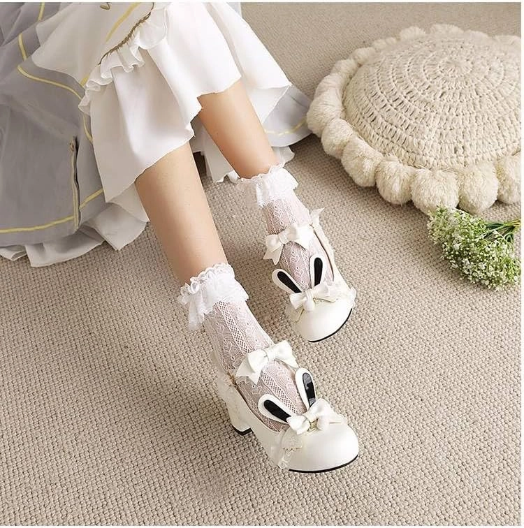 Women Lolita Bunny Bow Mary Jane Pumps Shoes Low Block Heels with Lace