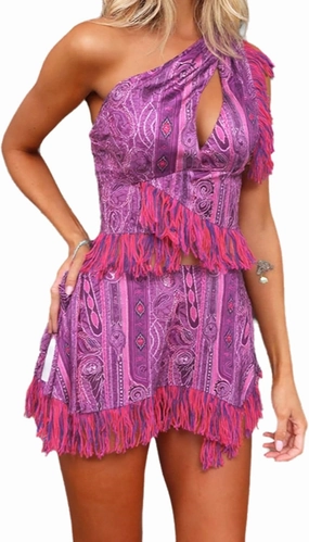 Women's Boho 2 Piece Skirt Set Off Shoulder Cut Out Crop Top Mini A Line Skirt Tassel Sexy Summer Vacation Set