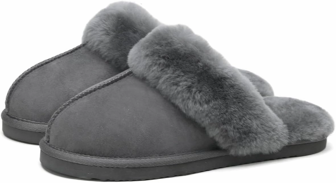 Women's Fuzzy Slippers Winter House Slippers Soft Fluffy Shoes with Natural Sheepskin Fur Indoor Outdoor