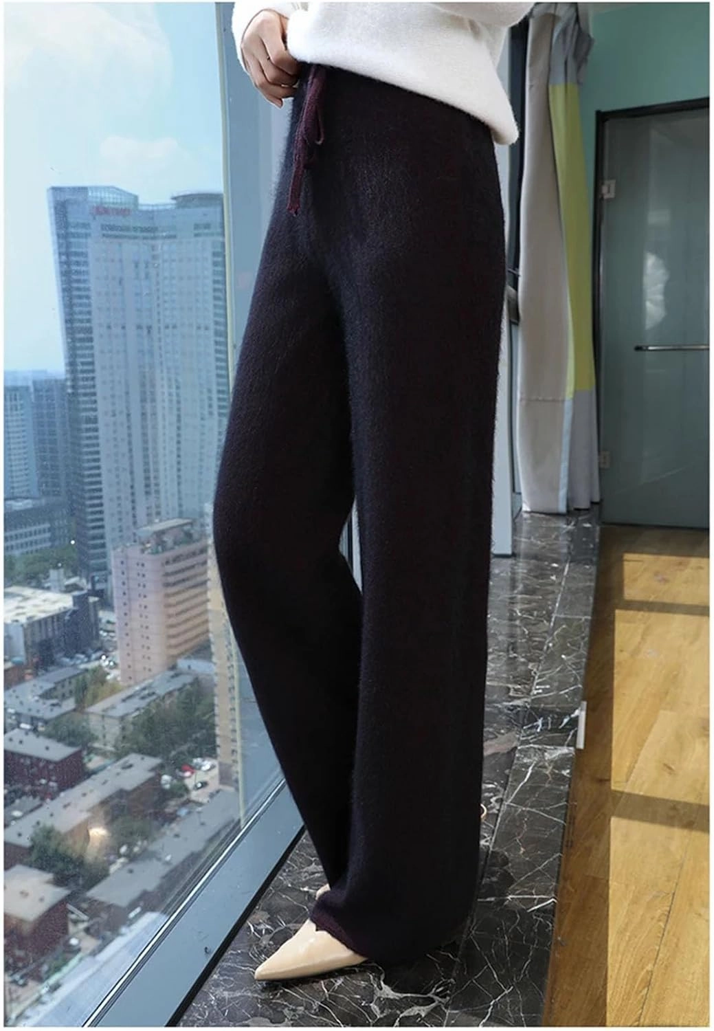 Women's Wide Leg Knitted Wool Pants Casual Warm High Waisted Lace Up Plush Trousers