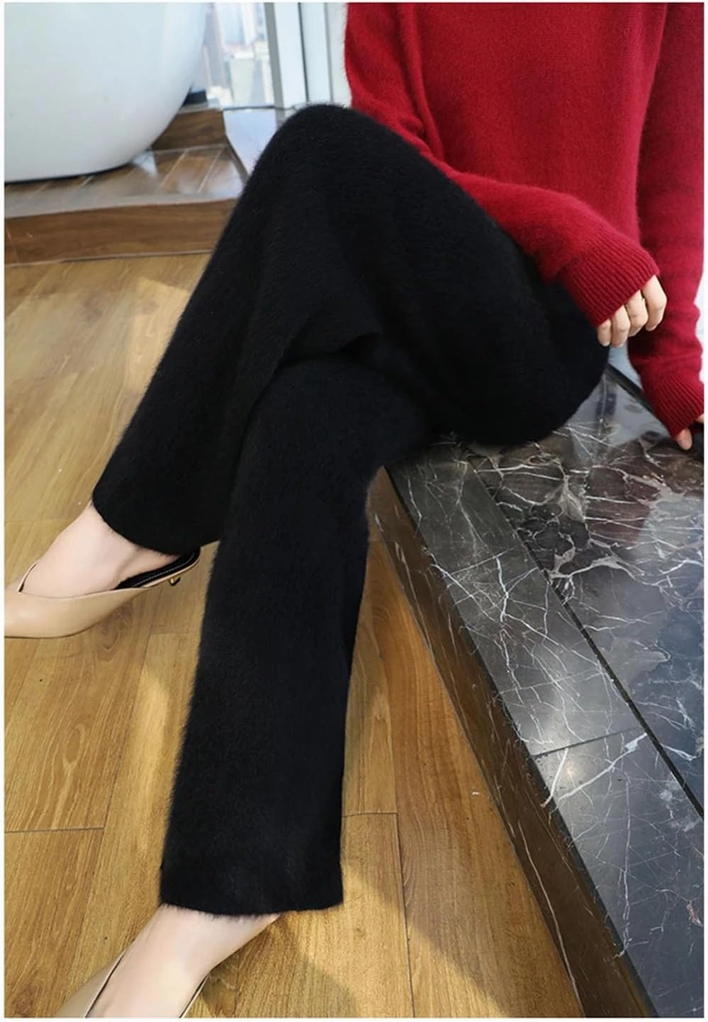 Women's Wide Leg Knitted Wool Pants Casual Warm High Waisted Lace Up Plush Trousers