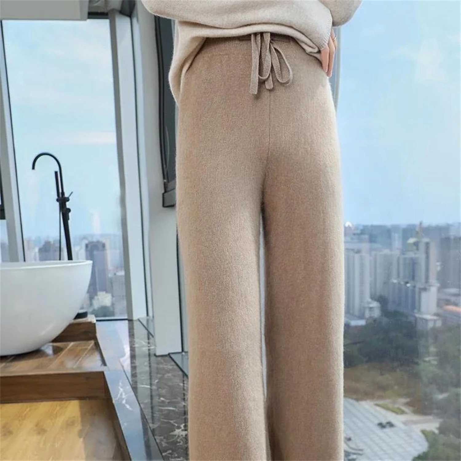 Women's Wide Leg Knitted Wool Pants Casual Warm High Waisted Lace Up Plush Trousers