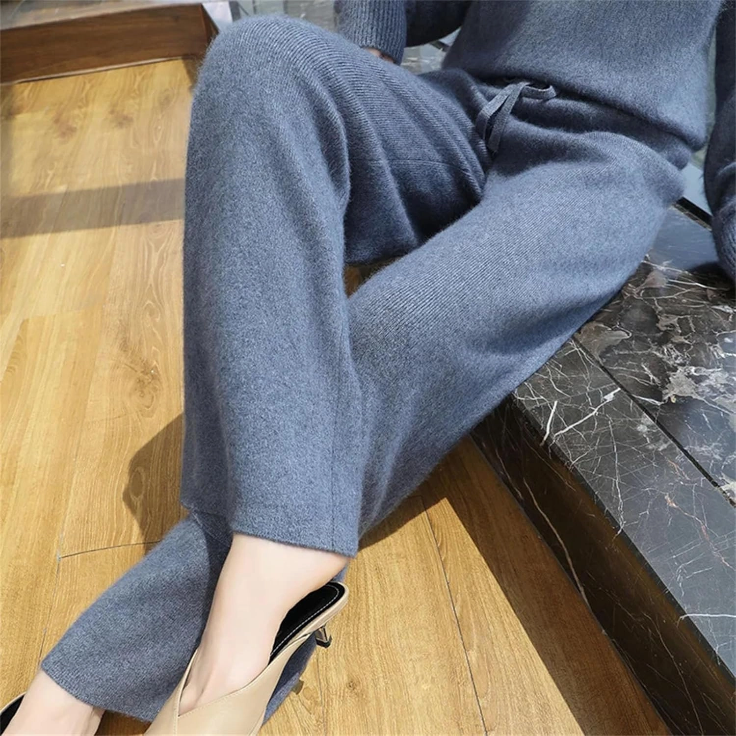 Women's Wide Leg Knitted Wool Pants Casual Warm High Waisted Lace Up Plush Trousers