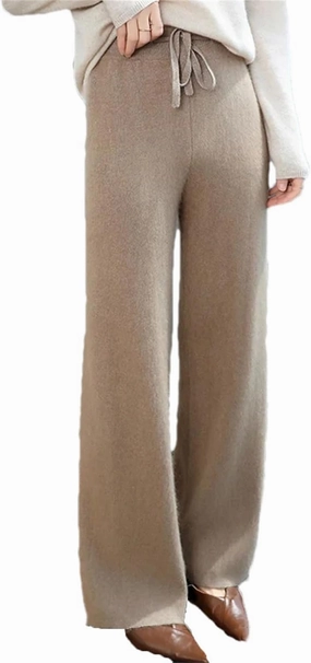 Women's Wide Leg Knitted Wool Pants Casual Warm High Waisted Lace Up Plush Trousers