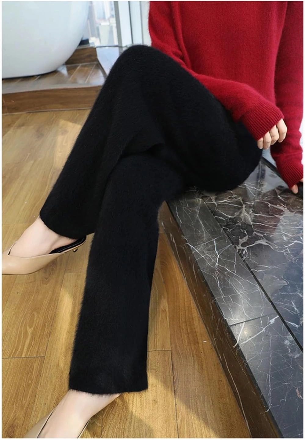 Women's Wide Leg Knitted Wool Pants Casual Warm High Waisted Lace Up Plush Trousers