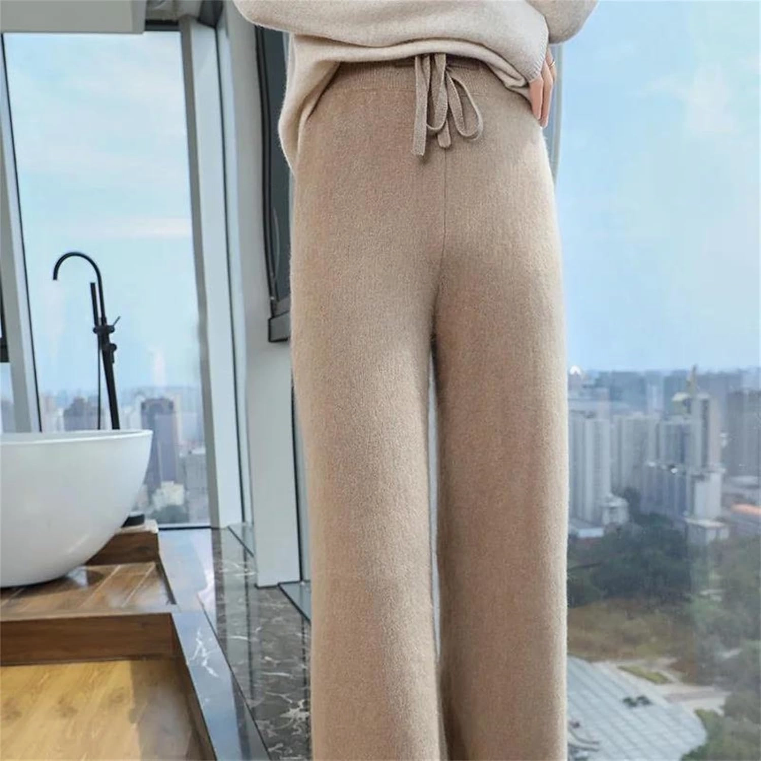 Women's Wide Leg Knitted Wool Pants Casual Warm High Waisted Lace Up Plush Trousers