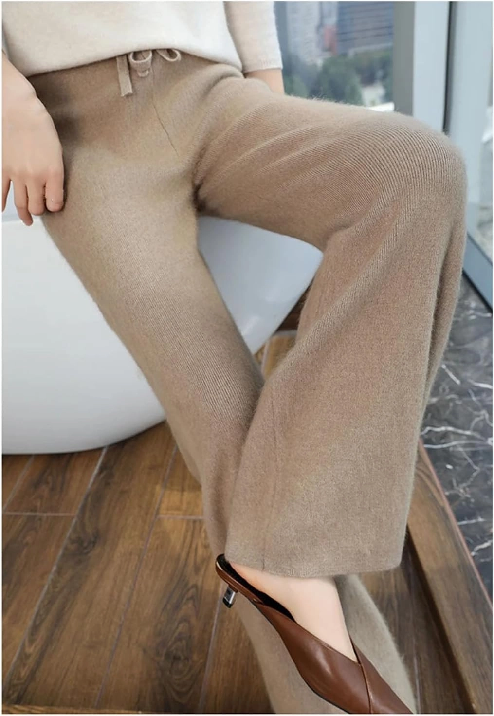 Women's Wide Leg Knitted Wool Pants Casual Warm High Waisted Lace Up Plush Trousers