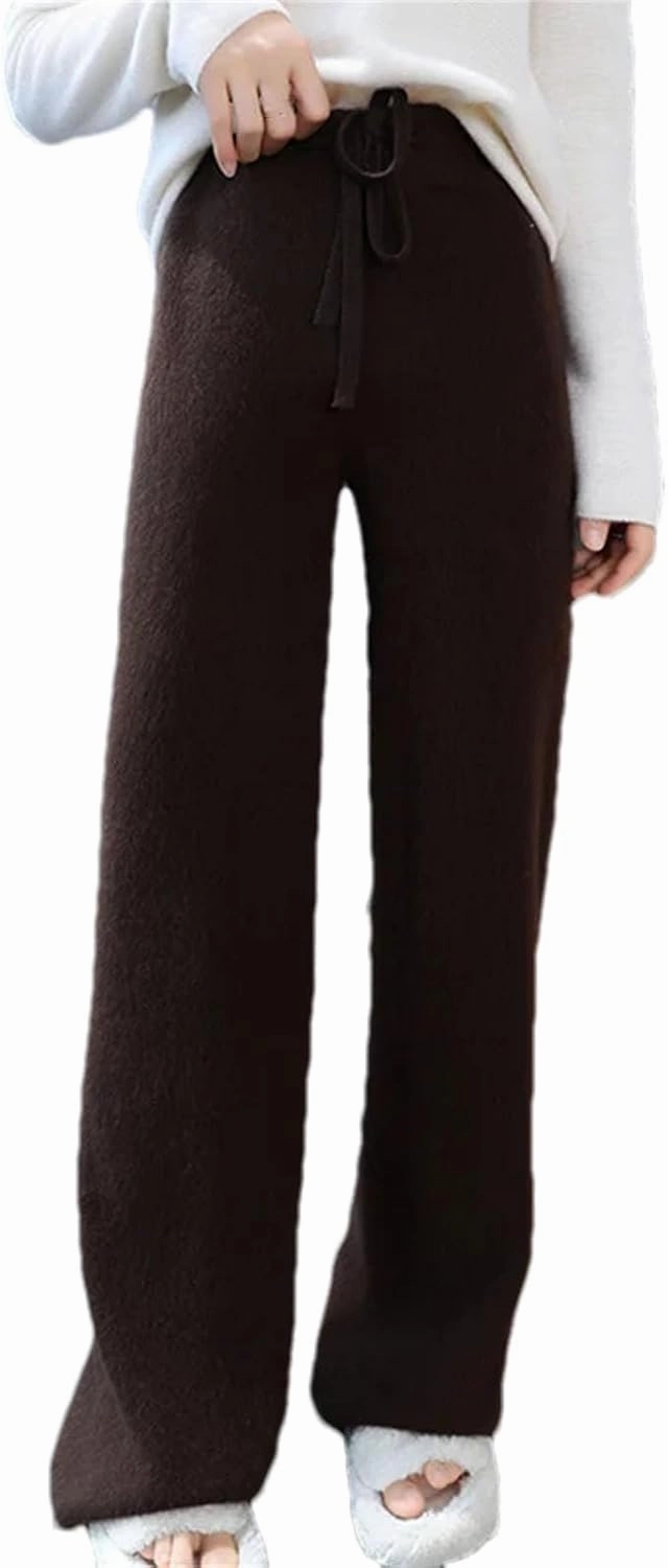 Women's Wide Leg Knitted Wool Pants Casual Warm High Waisted Lace Up Plush Trousers