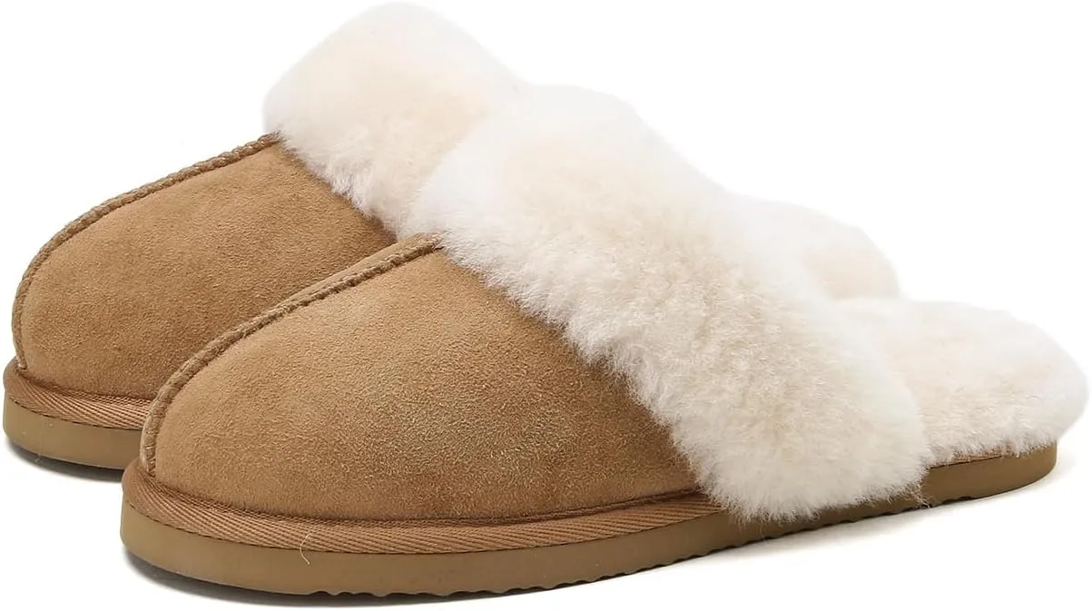 Women's Fuzzy Slippers Winter House Slippers Soft Fluffy Shoes with Natural Sheepskin Fur Indoor Outdoor