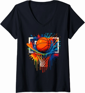 Womens Colorful Basketball Tie Dye Color Dripping Basketball Dunk V-Neck T-Shirt