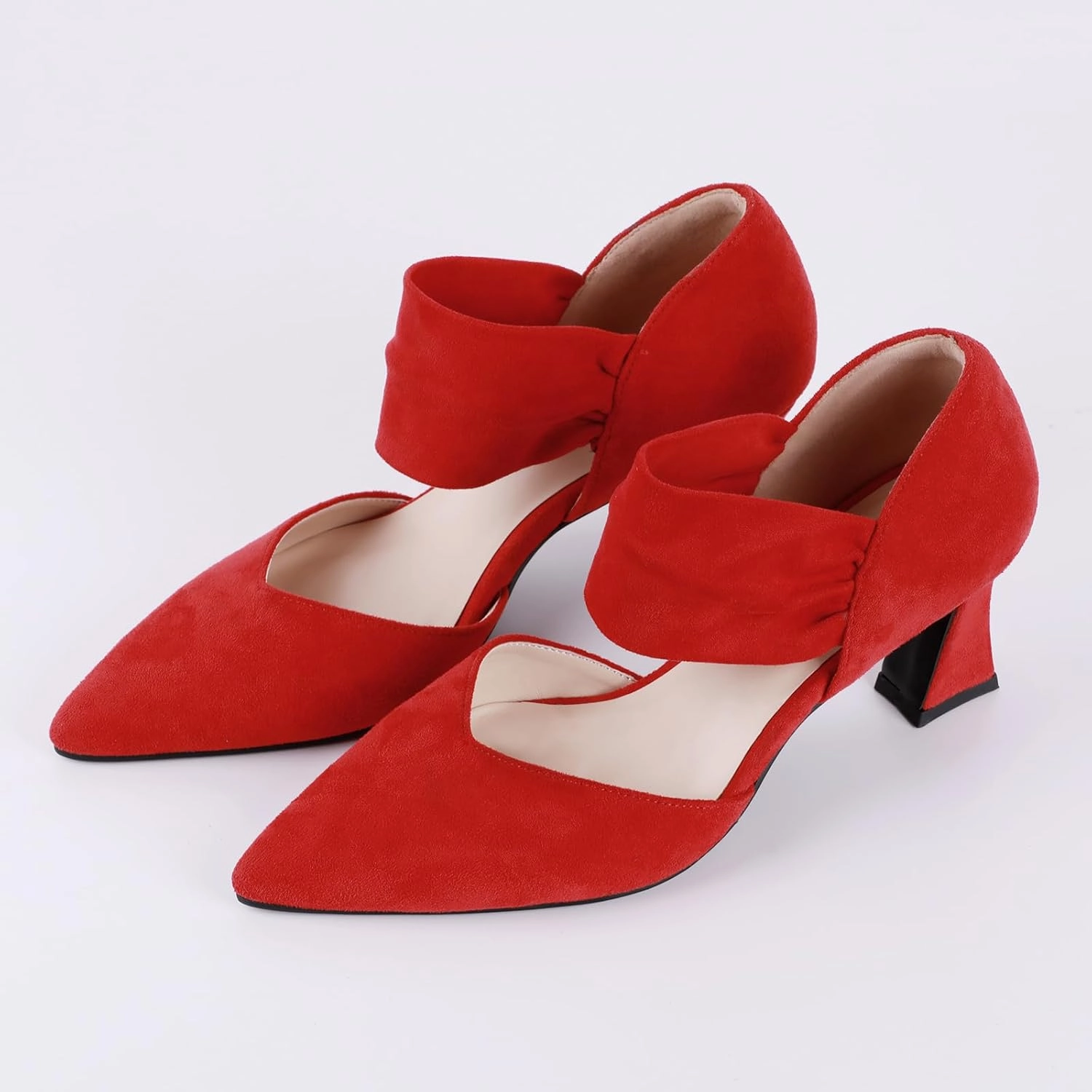 Womens Kitten Heel Dress Shoes Pointed Toe Slip On Party Elegant Pumps Ankle Strap Cutout Wedding Office Red Black Size 6.5-11.5