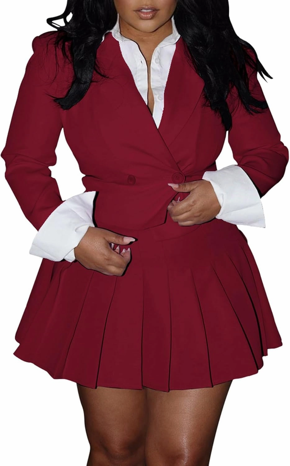 Womens Suits 2 Piece Set Casual Double Breasted Crop Jacket Blazer Top & High Waist Pleated Mini Skirt Sets