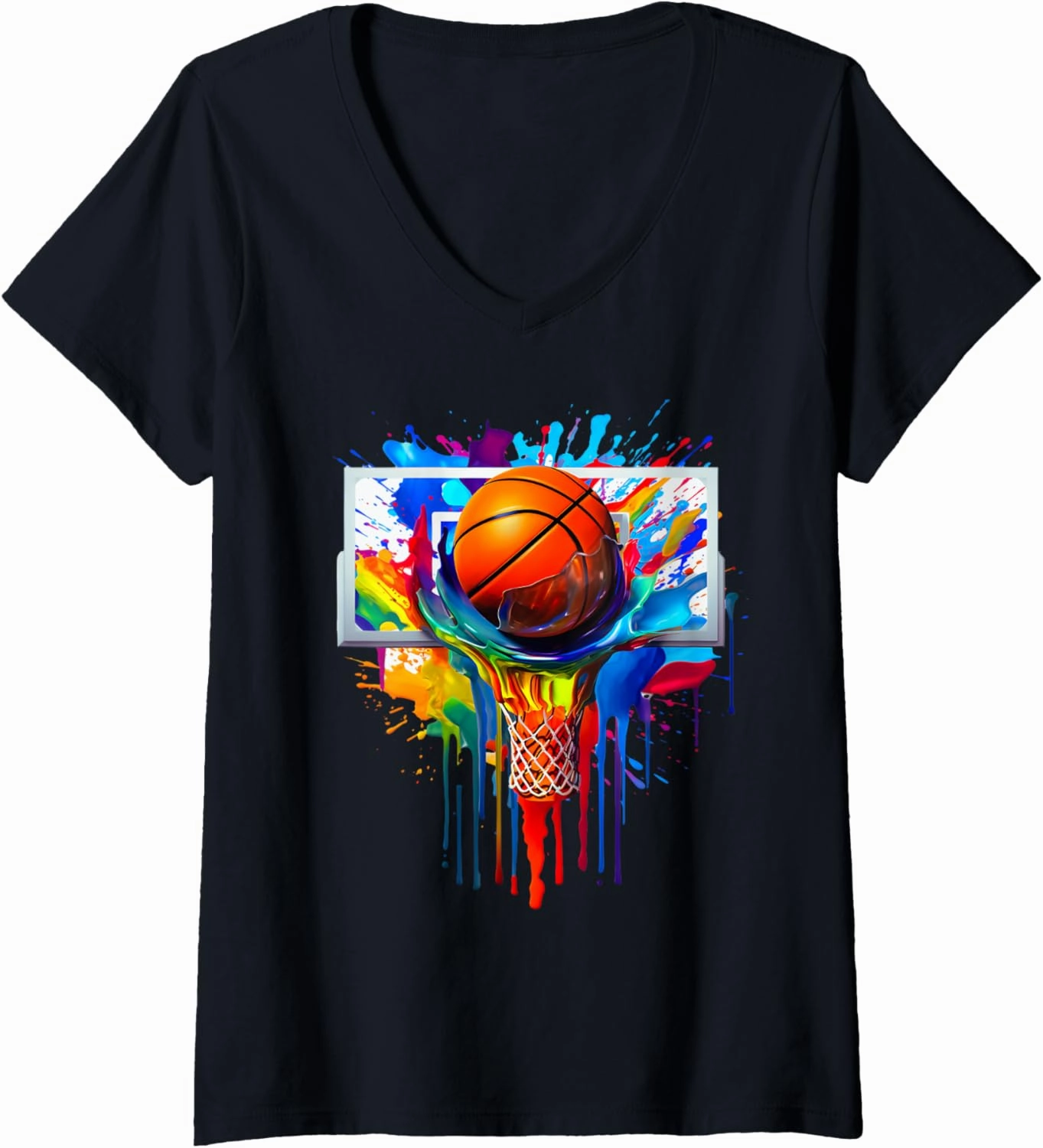 Womens Tie Dye Basketball Ball Hoop Slam Dunk Dribbling Graphic Tee V-Neck T-Shirt
