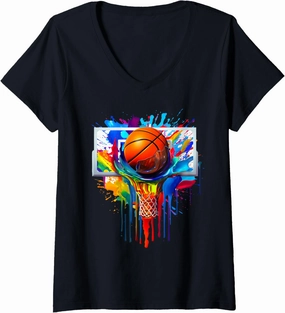 Womens Tie Dye Basketball Ball Hoop Slam Dunk Dribbling Graphic Tee V-Neck T-Shirt